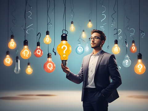 Question and answer, q and A or solution to solve a problem,FAQ frequently asked a question, help or creative thinking idea concept, smart businessman holding question mark sign and lightbulb solution