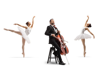 Ballerinas dancing and a male musician in a sitting on a chair and playing a cello