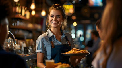 A cheerful waitress serving food with a smile in a lively pub environment.