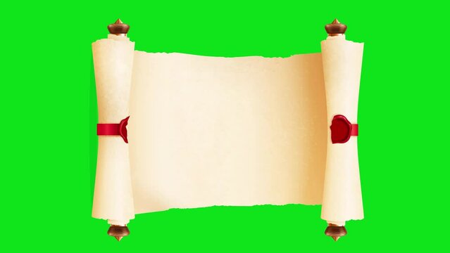 Old vintage horizontal curled off white letter with red seal. Wooden ends with Paper scroll or parchment opening and closing animation.Vintage roll of parchment against green background.Alpha channel.