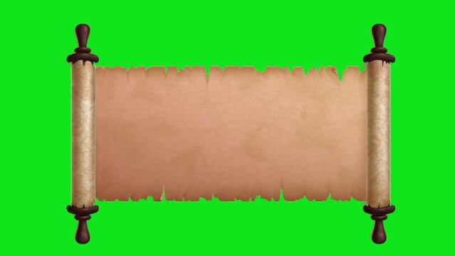 Old vintage wooden ends horizontal letter. Old way of communication.Paper scroll or parchment opening and closing animation.Vintage wooden ends roll of parchment against green background.Alpha channel
