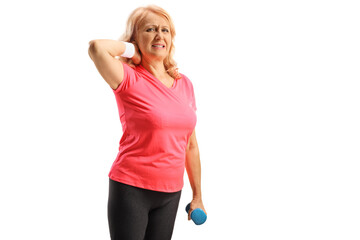 Middle aged woman with neck problem holding a dumbbell