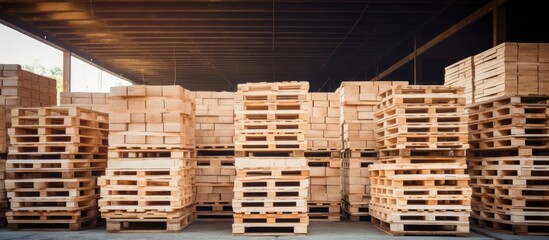 Wooden pallets stored for transport and logistics in warehouse