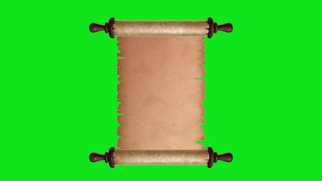 Old vintage wooden ends vertical letter. Old way of communication. Paper scroll or parchment opening and closing animation. Vintage wooden ends roll of parchment against green background.Alpha channel