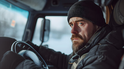 A somber professional truck driver seated in the cabin, reflecting a mood of sadness or distress.