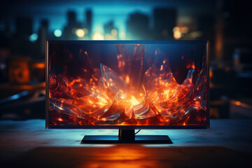 A flat modern TV screen, computer with a fashionable screensaver stands on the table in the room in the evening. Generated by artificial intelligence