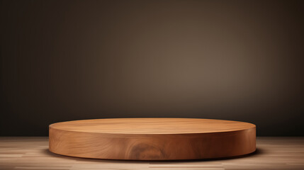 A light brown wooden product podium on soft brown  background. Represent minimal, old money and quiet luxury. Geometry exhibition stage mockup concept.
