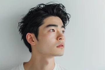Fotobehang 素肌の綺麗な日本人の男性メイクモデルのポートレート（白背景・美肌・透明感 © Maki_Japan