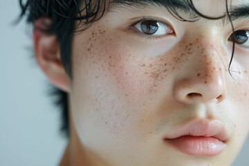 素肌の綺麗な日本人の男性メイクモデルのポートレート（白背景・美肌・透明感 - obrazy, fototapety, plakaty