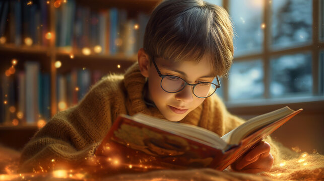 a boy in a knitted sweater and glasses reading a book enthusiastically. The effect of magic and enchantment is all around. On the background of a blurred library.