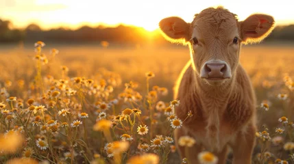 Foto op Aluminium baby cow on a field with amazing light © Nico
