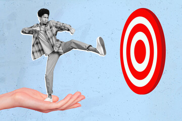 Collage creative illustration image monochrome effect serious young concentration man kick target...