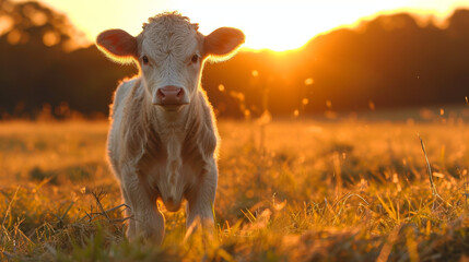 baby cow on a field with amazing light - obrazy, fototapety, plakaty