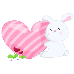 Cartoon rabbit hugging pink heart and red heart flower, element valentine day