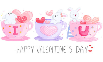 Cartoon rabbit in the coffee cup with heart, and word Happy Valentine Day ,element valentine day