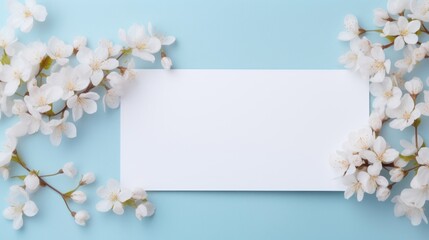 White cherry blossom flowers bordering an empty white card on a serene cyan background.