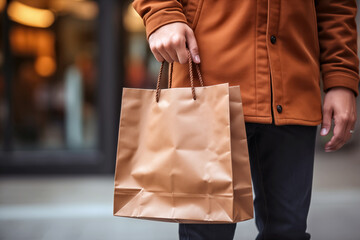 Man holding shopping bag in the shopping mall. Close-up of male hand holding paper bag. Mockup - obrazy, fototapety, plakaty