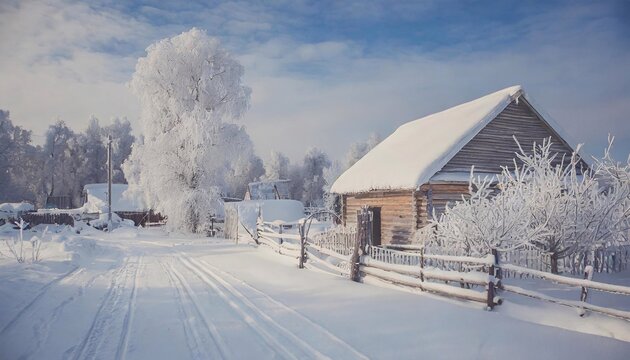 Idyllic landscape of a house in a snowy rural landscape in winter.