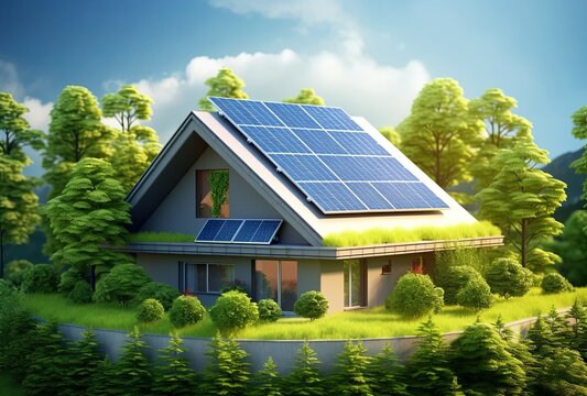 3D house with solar cells on the roof, natural background