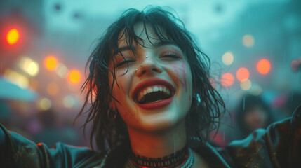 Portrait of a young punk girl with a crazy smile at an outdoors festival in the night. - obrazy, fototapety, plakaty