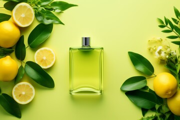 glass minimalistic perfume bottle with fragments of citrus fruits and green leaves