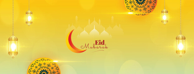 Eid Mubarak wishes or greeting big banner with yellow background mosque or lantern social media Eid al-fitr wishing banner or poster design vector illustration