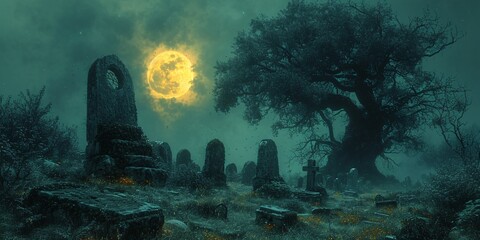 Ghostly Nighttime Graveyard: A Hauntingly Beautiful Scene Generative AI - obrazy, fototapety, plakaty