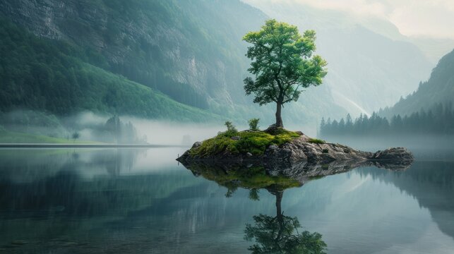 A lone tree thrives on a rocky island, reflecting gracefully in the river, surrounded by misty mountains.