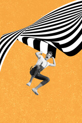 Vertical collage picture illustration black white effect shocked scary young man fall down...