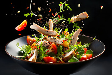 Gesunder Genuss: Frischer Putenstreifensalat und Hühnchensalat auf buntem Salatteller