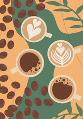 Vector sketch banner with coffee beans, cups and leaves on minimal background. Template design.  Illustration for cafe menu, invitations, cards, banner, poster, cover. 