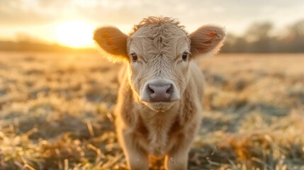 baby cow on a field with amazing light