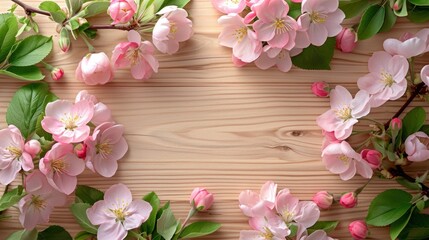 apple blossoms against a wooden table and frame,