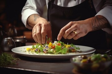 hands of a professional chef who decorates a gourmet vegetarian dish in a restaurant