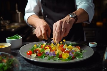 Obraz na płótnie Canvas hands of a professional chef who decorates a gourmet vegetarian dish in a restaurant