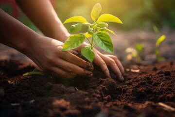 female hands plant a plant in the ground. The theme of spring planting