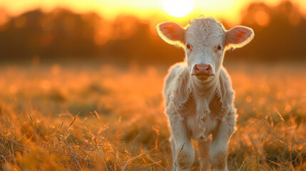Obraz premium baby cow on a field with amazing light