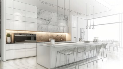 Stylish kitchen interior with modern furniture. Combination of photo and sketch