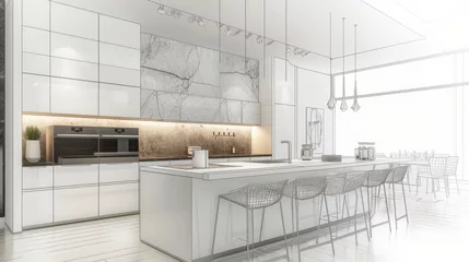 Foto op Aluminium Stylish kitchen interior with modern furniture. Combination of photo and sketch © Orxan