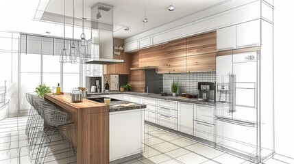 Stylish kitchen interior with modern furniture. Combination of photo and sketch - obrazy, fototapety, plakaty