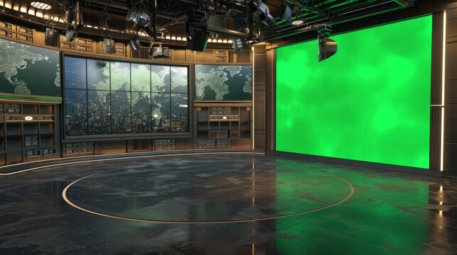 Virtual TV Studio News Set. Green screen background. 3d Rendering