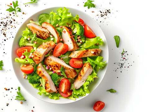 Gesunder Genuss: Frischer Putenstreifensalat und H&uuml;hnchensalat auf buntem Salatteller