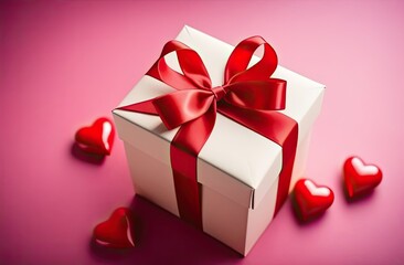 Fototapeta premium Milk-colored gift box with a red ribbon and a bow on a pink surface, top view, red decorative shiny hearts around