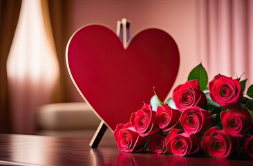 A red decorative board in the shape of a heart on a stand standing on a wooden table, a bouquet of roses lying next to it, a modern bright interior, a blurred background, bokeh