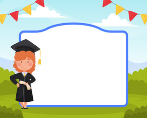 Happy Girl in Graduation Gown and Cap Near Empty Banner Vector Template