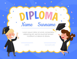 Happy Boy and Girl in Graduation Gown and Cap at Certificate Design Vector Template