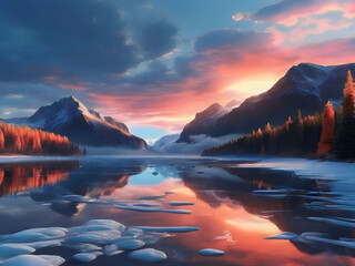 Fototapeta na wymiar Mountain lake at sunset. Digital painting effect. 3D illustration.