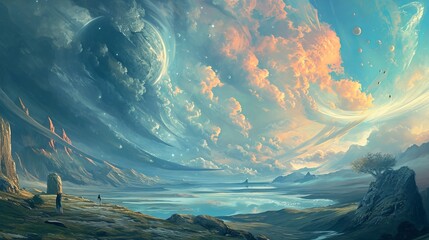 Mystical Landscape with Veil Between Parallel Universes, Majestic Planets, and Ethereal Clouds