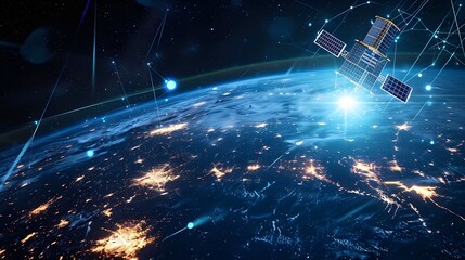 Satellites orbit the globe, sending and receiving data streams.