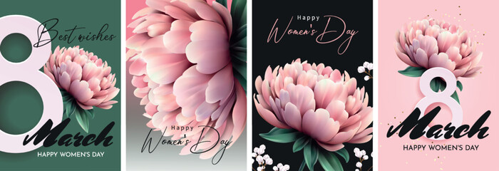Happy Women's Day. Set of greeting posters with peonies and number 8. Template for the design of a banner, advertisement, flyer or postcard.